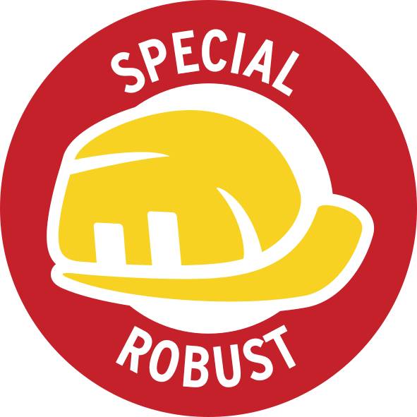 Ein roter Kreis mit gelbem Schutzhelm in der Mitte. Oben steht 'SPECIAL', unten 'ROBUST'. Symbol für Schutz und Widerstandsfähigkeit.