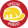 Ein roter Kreis mit gelbem Schutzhelm in der Mitte. Oben steht 'SPECIAL', unten 'ROBUST'. Symbol für Schutz und Widerstandsfähigkeit.
