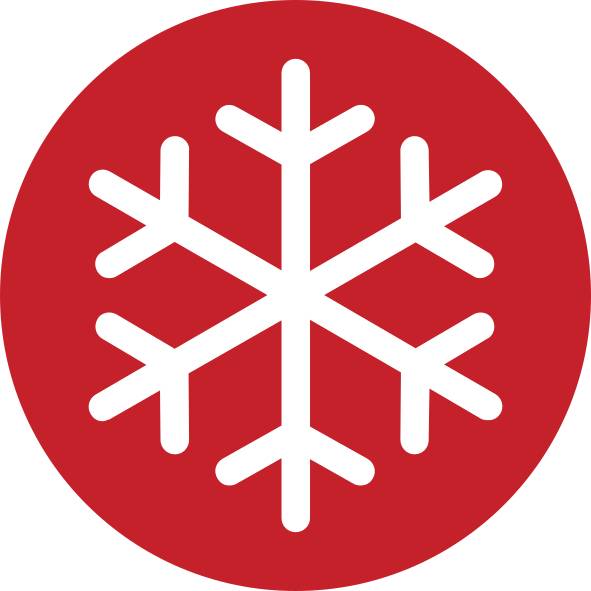 Ein weißes Schneeflockensymbol auf rotem Hintergrund, häufig als Piktogramm für Kälte oder Winter verwendet.