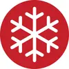Ein weißes Schneeflockensymbol auf rotem Hintergrund, häufig als Piktogramm für Kälte oder Winter verwendet.