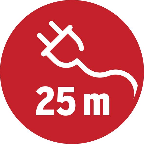 Ein roter Kreis mit einem weißen Stecker und dem Text '25 m', zeigt die Länge des Verlängerungskabels an.