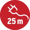 Ein roter Kreis mit einem weißen Stecker und dem Text '25 m', zeigt die Länge des Verlängerungskabels an.