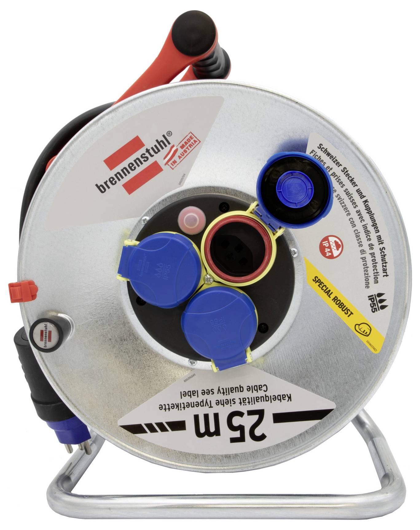 Kabeltrommel aus Metall mit 25 Metern Kabel, drei blauen und einem roten Stecker, umgeben von Sicherheitshinweisen und Markenlogo.