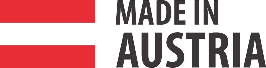 'Made in Austria'-Logo mit rot-weißem Streifen links und schwarzem Text rechts.