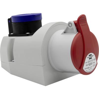 Industrieller Steckverbinder mit roter Klappe und blauer Kappe oben, für elektrische Verbindungen in Industrieumgebungen geeignet.
