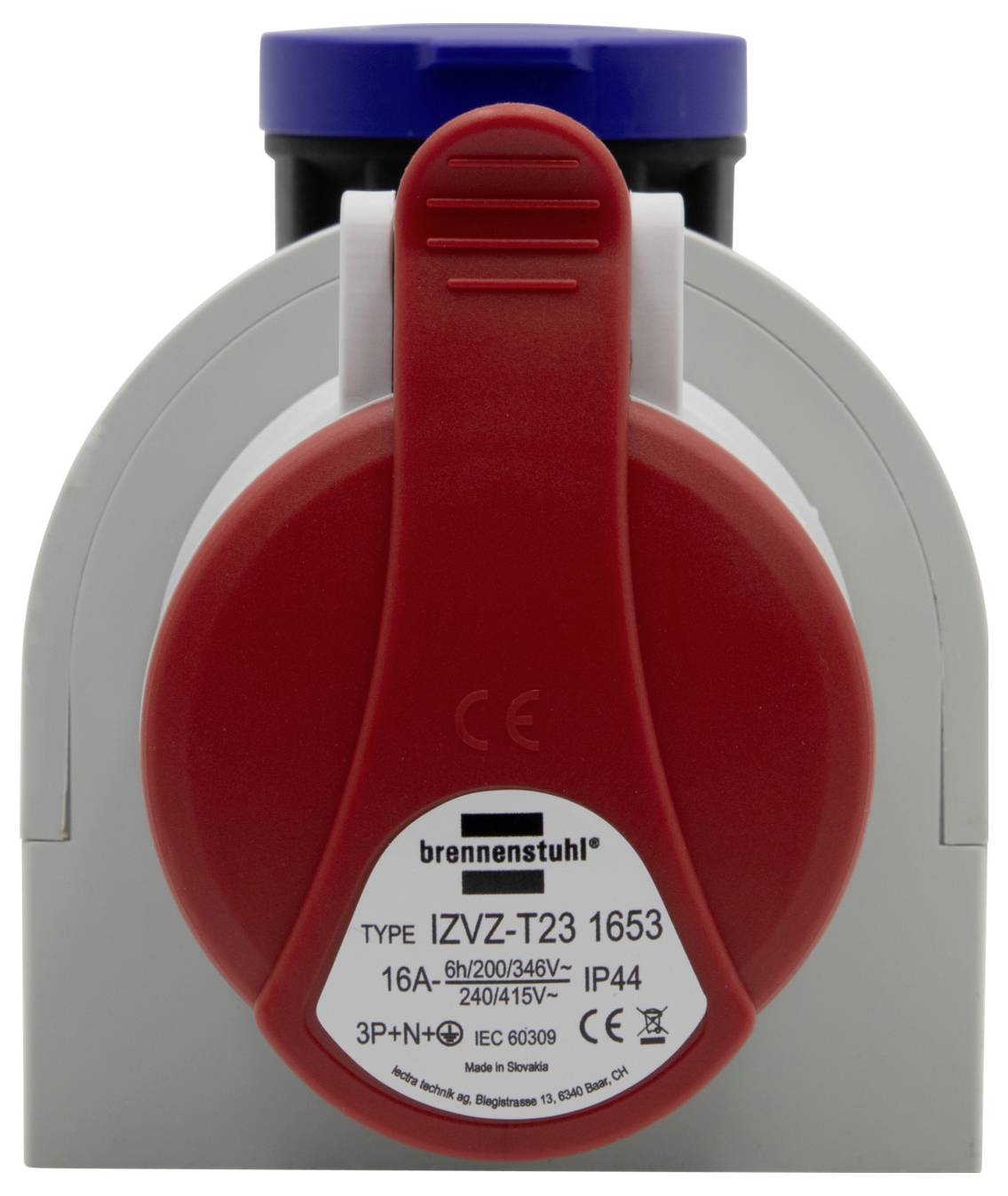 Ein roter Industriestecker mit blauem Schutzdeckel, Typ 'IZVZ-T23 1653', für 16A, 3P+N+E, IP44, von Brennenstuhl, 240/415V.