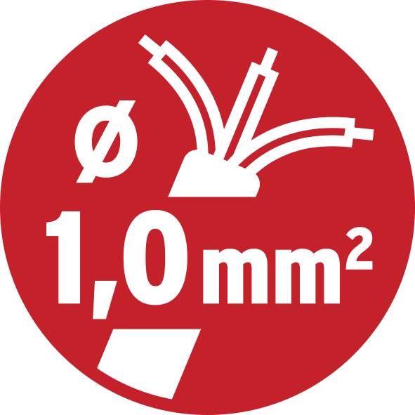 Ein rotes Symbol mit weißem Text zeigt 'Ø 1,0 mm²' und stilisierte Drähte, was die empfohlene Kabeldicke in Quadratmillimetern angibt.