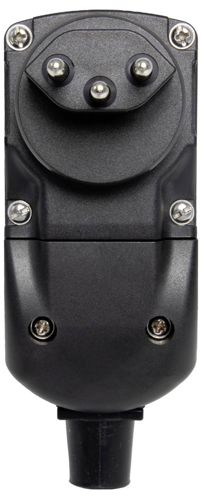 Schwarzer Elektrokabelstecker mit drei runden Kontakten, geeignet für Fahrzeuganschlüsse.