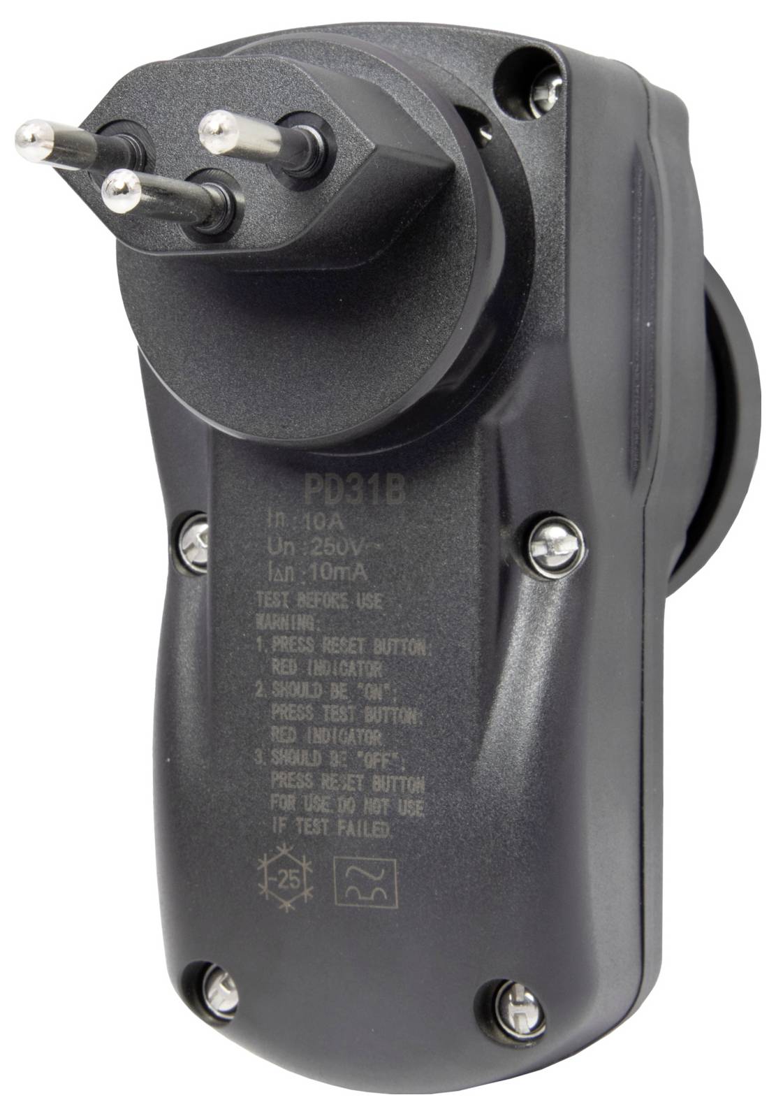 Schwarzer Adapterstecker mit drei runden Stiften, geeignet für 250V, 10A; enthält eine Test-/Reset-Taste und Warnhinweise.
