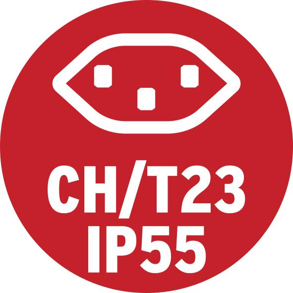 Rotes kreisförmiges Symbol mit weißem Steckerdesign. Text: 'CH/T23 IP55', was auf eine schweizerische Steckernorm hinweist.