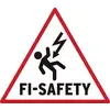 Warnsymbol eines Menschen, der von einem Blitz getroffen wird. Text: 'FI-Safety'. Warnung vor elektrischer Gefahr.