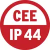Rotes CEE-Logo mit weißem Hintergrund zeigt 'IP 44', was auf die Schutzart hinweist, die vor grobem Staub und Spritzwasser schützt.