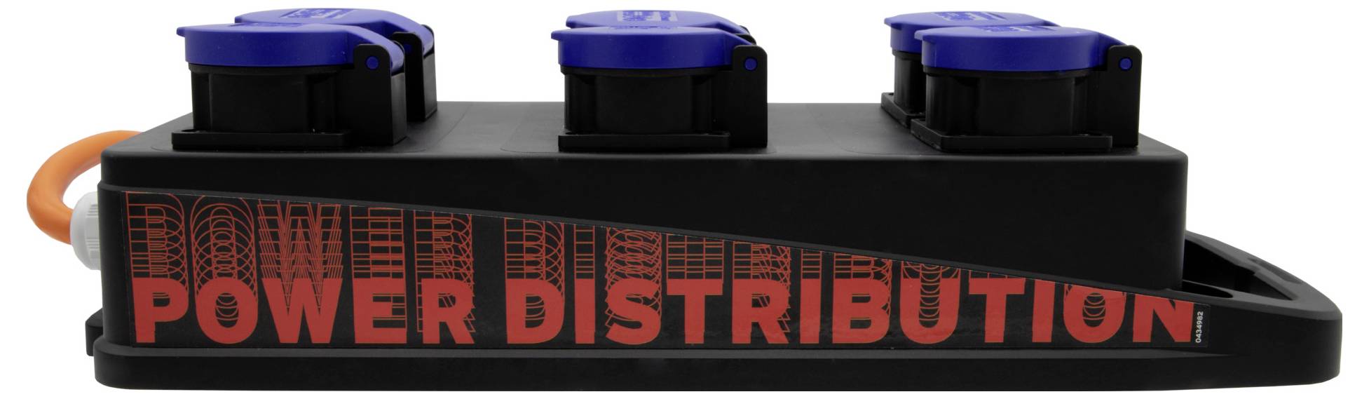 'Power Distribution'-Einheit mit vier blauen Anschlüssen auf einer schwarzen Basis, die orange gekabelt ist.