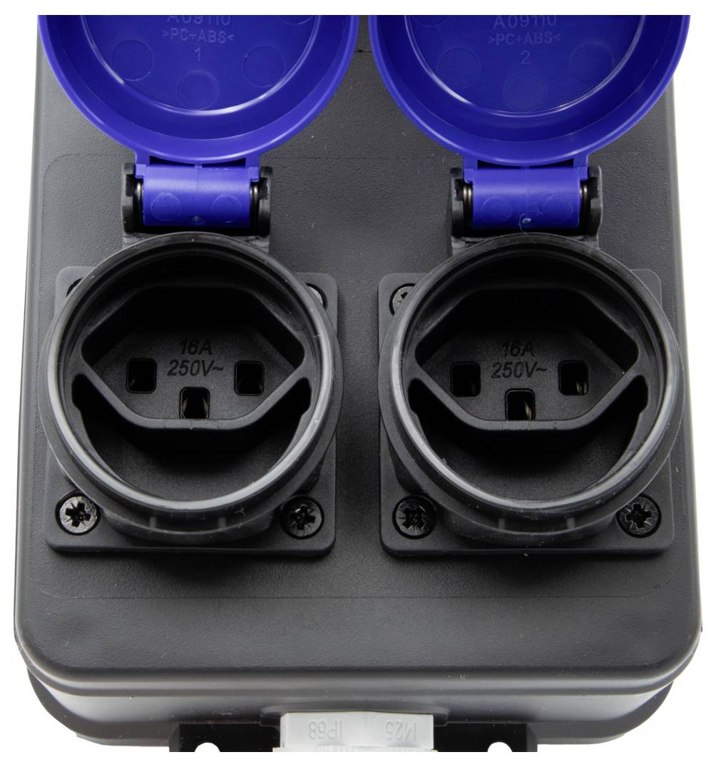 Zwei blaue Schutzkontaktsteckdosen mit Abdeckungen, geeignet für 16A/250V, auf einem schwarzen Gehäuse montiert.