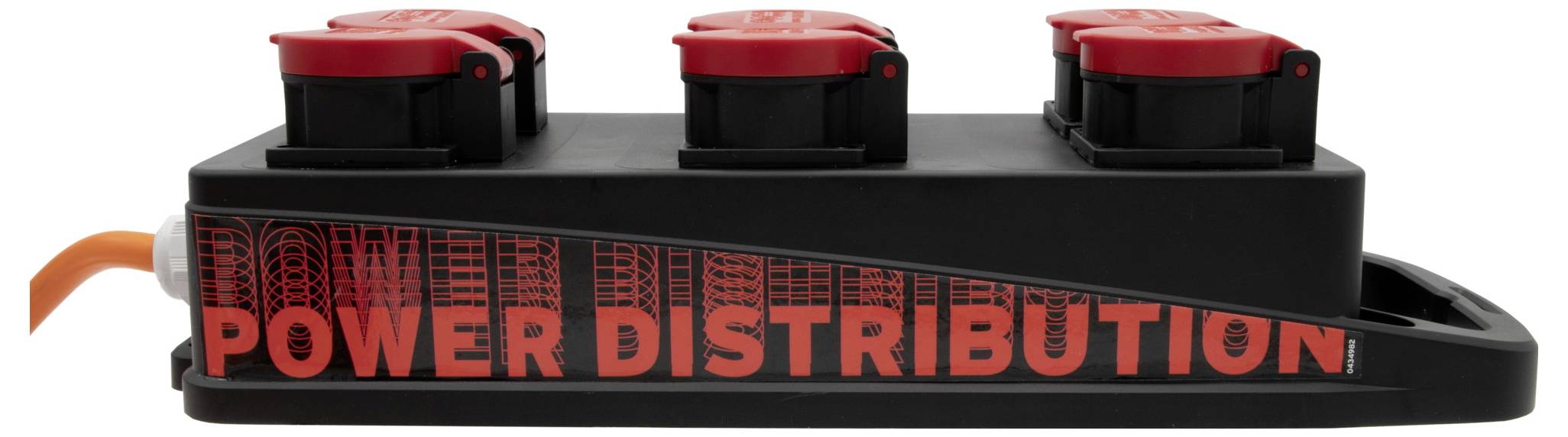 Schwarze Stromverteilereinheit mit vier roten Schaltern, darauf steht 'POWER DISTRIBUTION' in Rot. Ein orangefarbenes Kabel links.