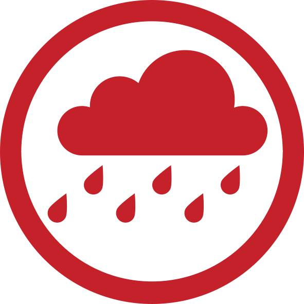 Rotes Symbol mit einer Wolke und Regentropfen, das Regenwetter anzeigt.