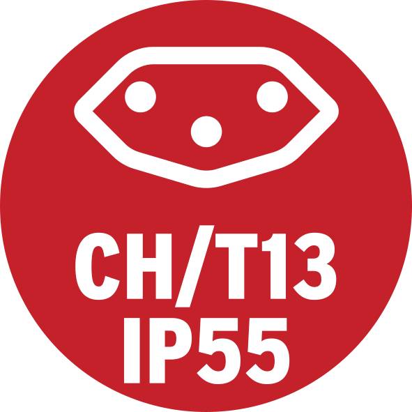 Roter Kreis mit dem Symbol einer Steckdose und der Aufschrift 'CH/T13 IP55'. Dies zeigt eine Schweizer Steckdose mit Schutzart IP55 an.