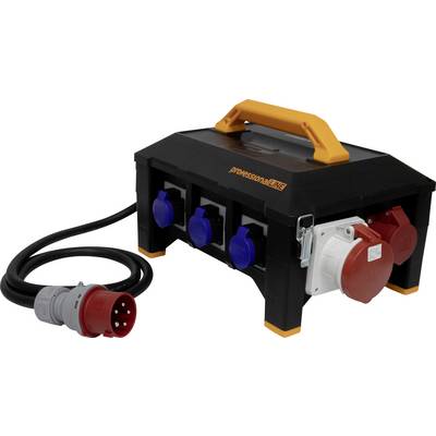 'Schwarze mobile Stromverteilerbox mit vier blauen Steckdosen und einem roten Stecker, geeignet für den Einsatz auf Baustellen.'