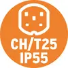 'Oranger Kreis mit weißem Symbol eines Mehrfachsteckers und Text: CH/T25, IP55.'