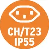 Kreisförmiges Symbol mit weißem Steckerumriss und Text 'CH/T23 IP55' auf orangem Hintergrund.