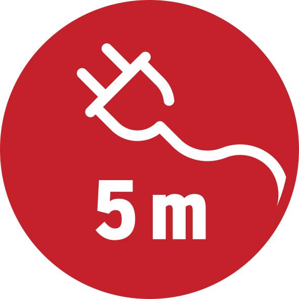 Rotes Symbol mit weißem Stromkabel und Stecker. Darunter steht '5 m'.