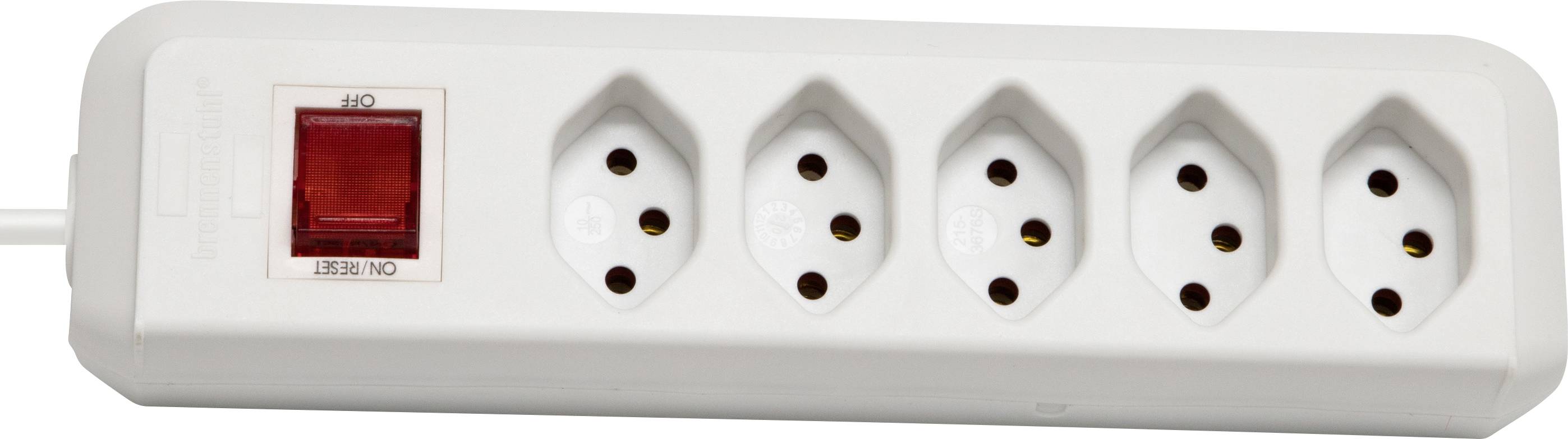 Weiße Steckdosenleiste mit fünf Steckplätzen und einem roten Ein-/Ausschalter links. Ideal für mehrere elektrische Geräte.