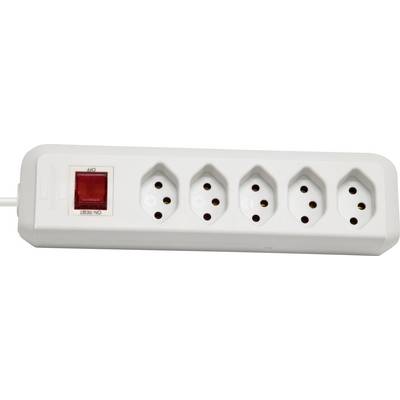 Weiße Steckdosenleiste mit fünf Steckplätzen und einem roten Ein-/Ausschalter links. Ideal für mehrere elektrische Geräte.