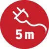 Steckersymbol in einem roten Kreis mit der Beschriftung '5 m', das eine 5 Meter lange Kabelbeschränkung anzeigt.