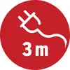 'Maximale Kabellänge: 3 Meter' auf rotem Kreis mit Steckersymbol.