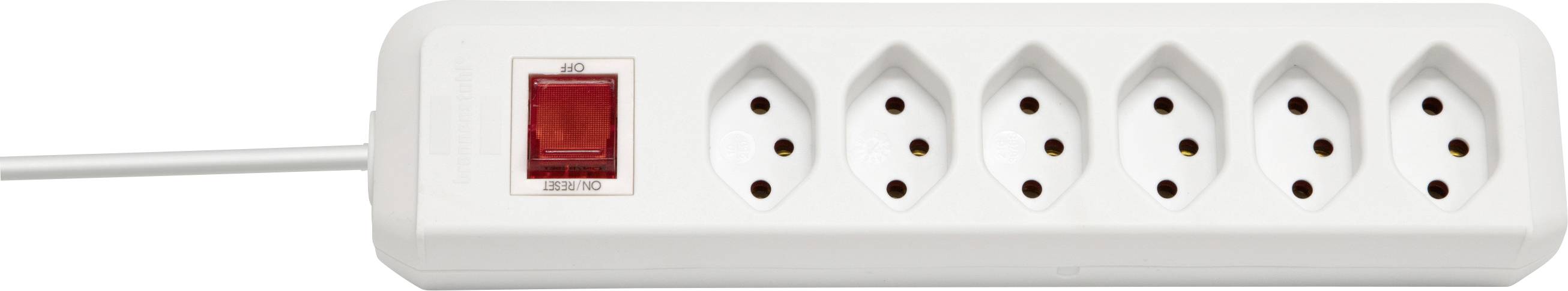 Ein weißer Mehrfachstecker mit sechs Steckdosen und einem roten Ein-/Ausschalter auf der linken Seite.