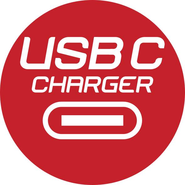 Rotes Symbol mit weißem Text: 'USB C CHARGER' und einem stilisierten USB-C-Anschluss darunter.