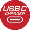 Rotes Symbol mit weißem Text: 'USB C CHARGER' und einem stilisierten USB-C-Anschluss darunter.