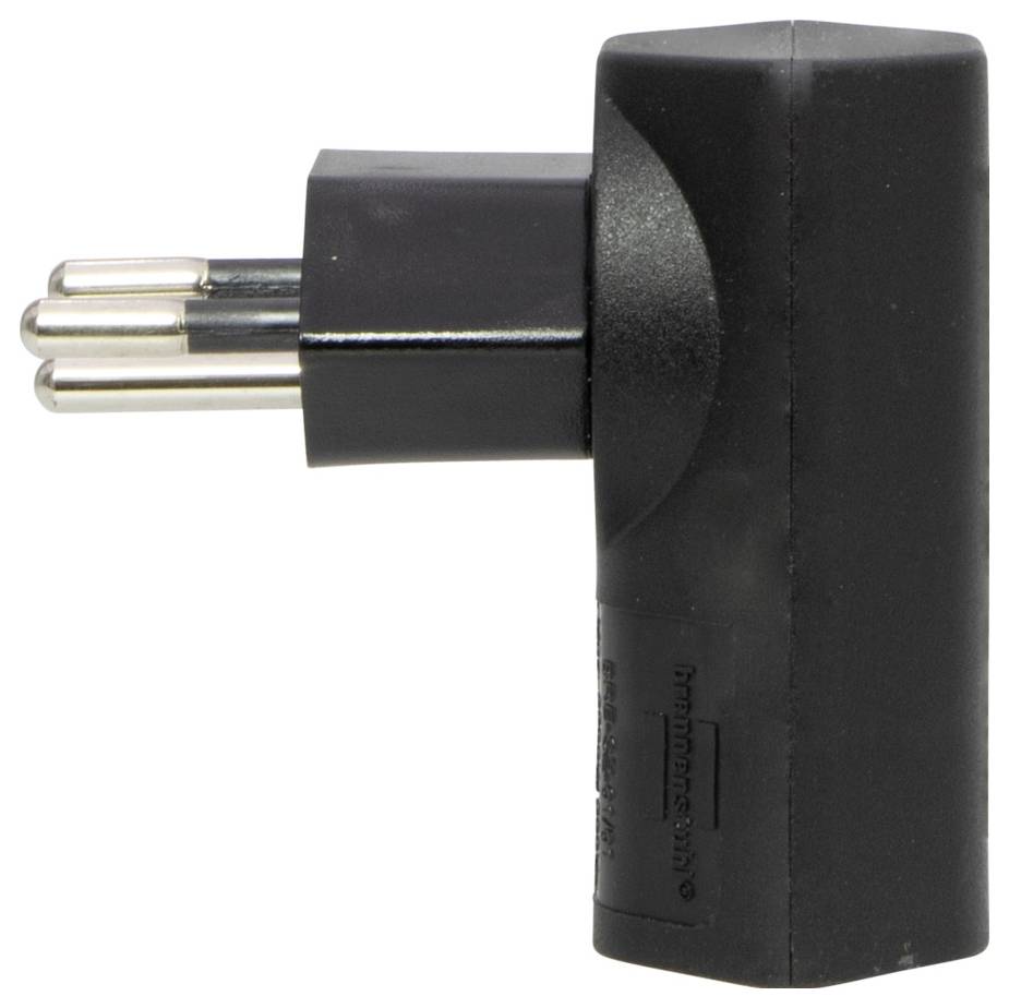'Schwarzer Adapter mit dreipoligem Stecker, seitlich betrachtet, zur Stromversorgung in unterschiedlichen Steckdosen.'