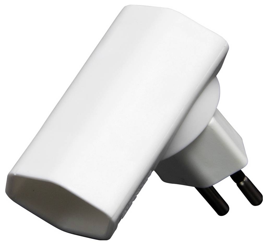 Ein weißer, schräg fotografierter Steckdosenadapter mit zwei seitlichen Steckplätzen.