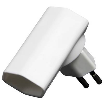 Ein weißer, schräg fotografierter Steckdosenadapter mit zwei seitlichen Steckplätzen.