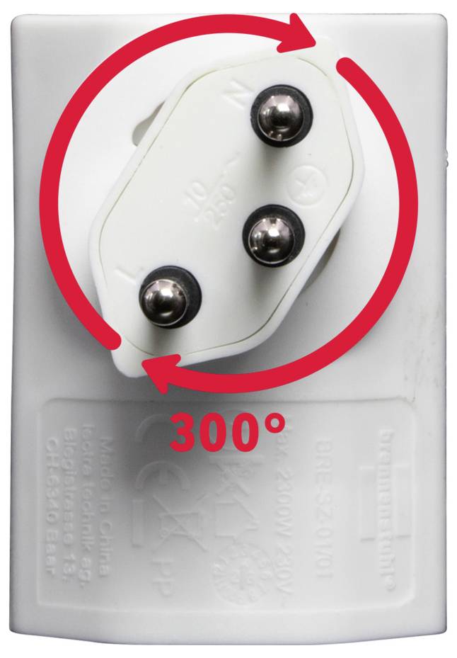 Steckdosenadapter mit zwei Metallstiften, einer im rechten Winkel gedreht, um 300°.