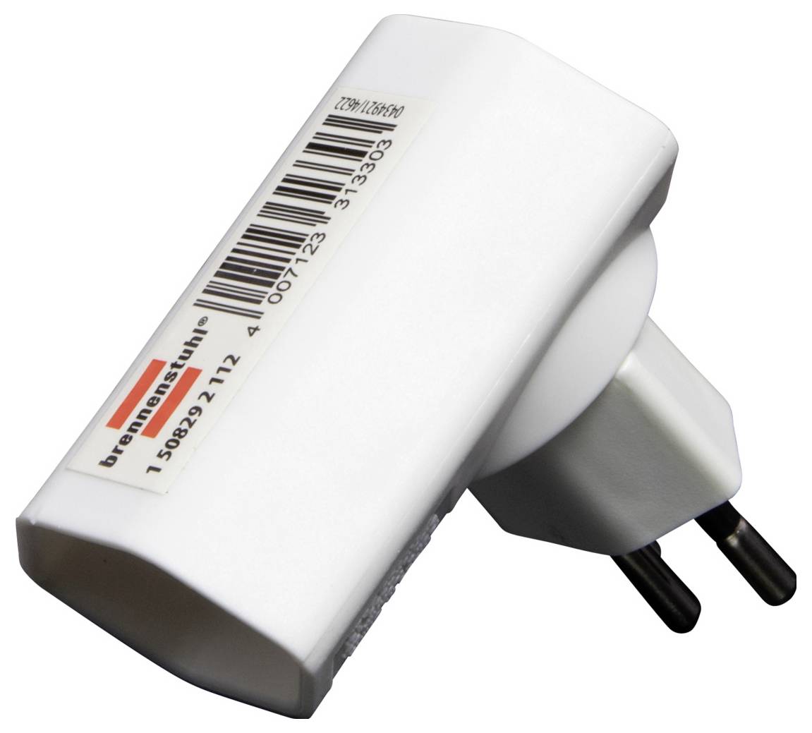 Ein weißer EU-Steckeradapter mit einem Barcode und der Aufschrift 'brennenstuhl' an der Seite.