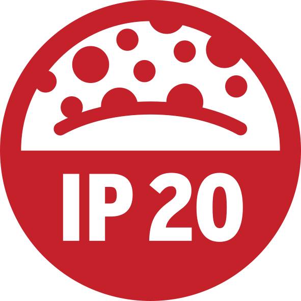 Ein rotes Symbol zeigt das Wort "IP 20" unter einer grafischen Darstellung, die einer halbierten Pizza ähnelt.