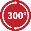 Ein roter Kreis mit zwei weißen, kreisförmigen Pfeilen und der Zahl '300°' in der Mitte, die eine Drehung anzeigt.