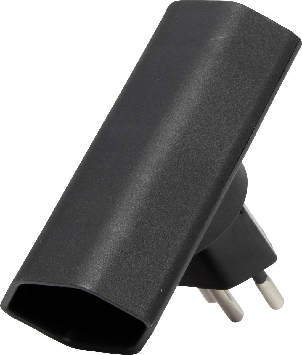 Ein schwarzer Steckdosenadapter mit rundem Stecker und rechteckiger Buchse, geeignet zum Anschließen von Elektrogeräten in Europa.