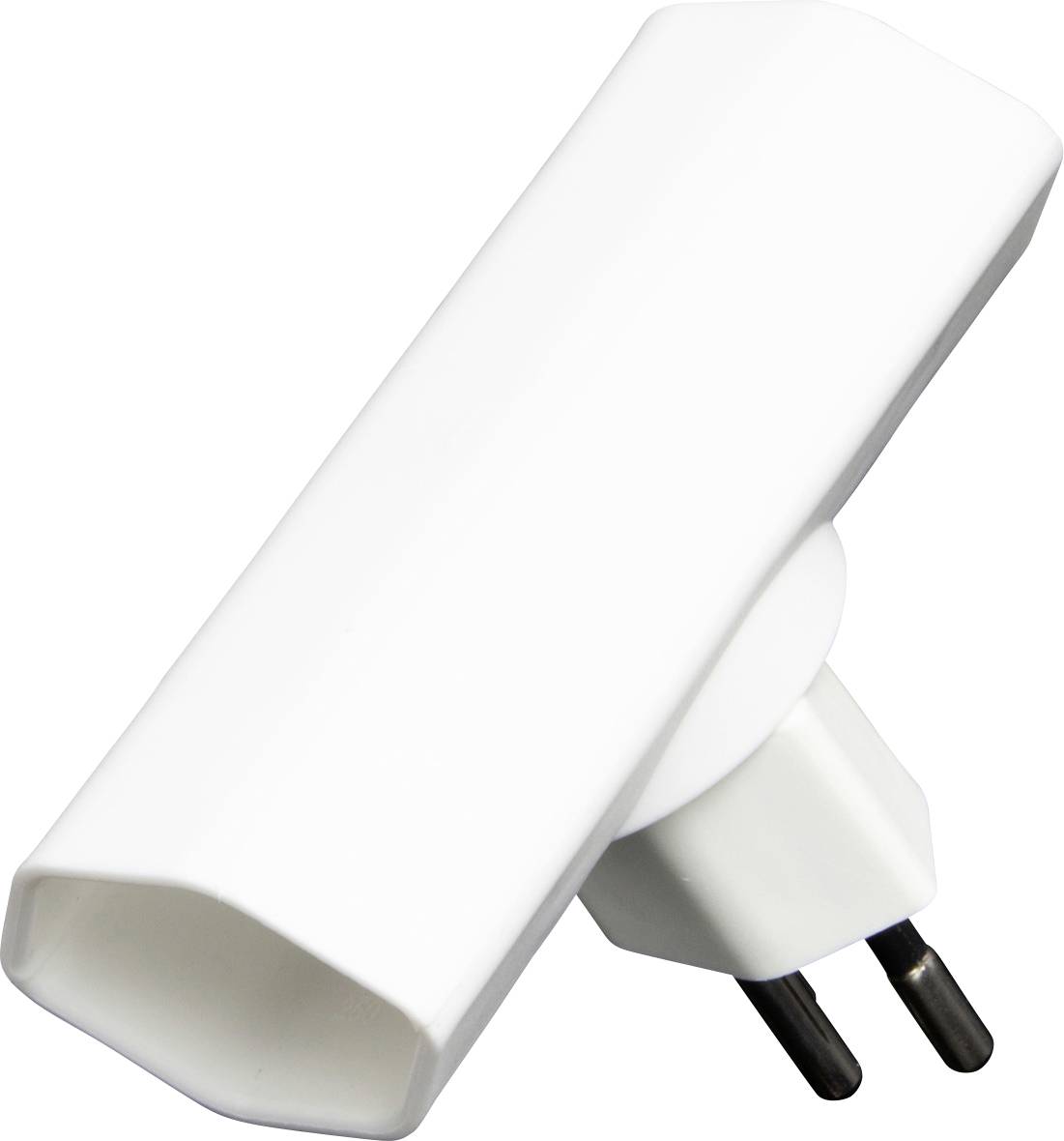 Ein weißer Adapterstecker mit zwei runden Metallstiften für europäische Steckdosen.