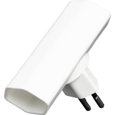 Ein weißer Adapterstecker mit zwei runden Metallstiften für europäische Steckdosen.