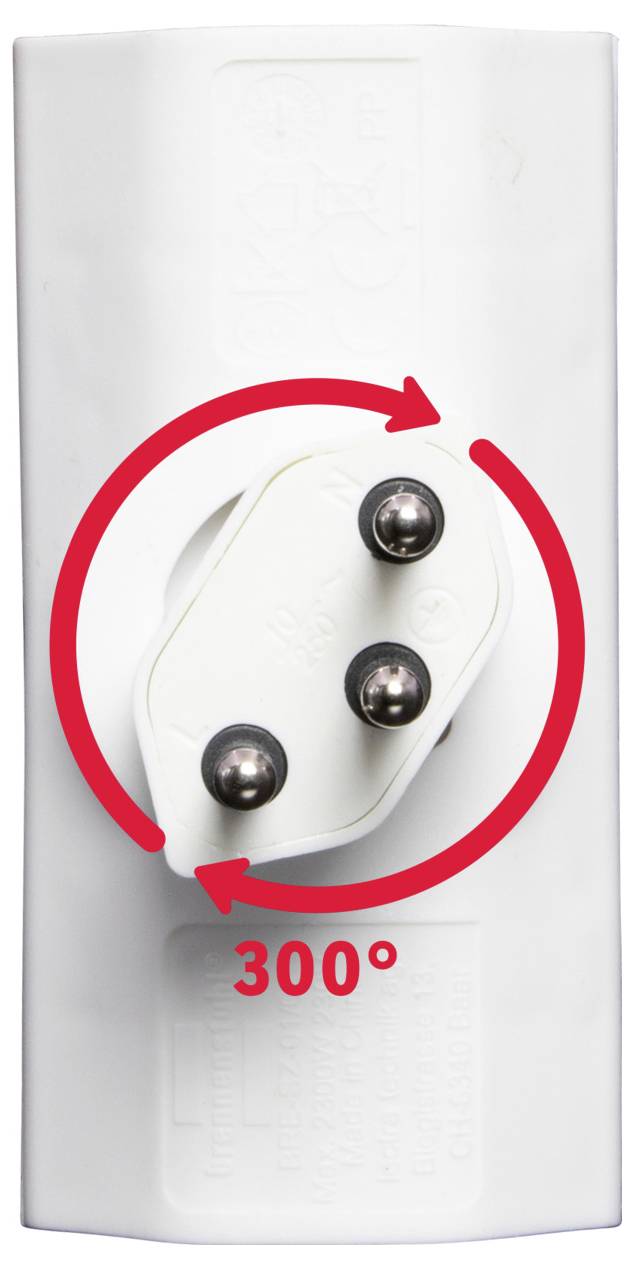 Ein weißer Adapter mit einem drehbaren Stecker, der um 300 Grad rotierbar ist. Rote Pfeile zeigen die Drehrichtung an.