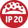 Rotes Symbol mit der Aufschrift 'IP 20' und stilisiertem Halbkreis darüber, Hinweis auf Schutzart gemäß IEC 60529 für Geräte.