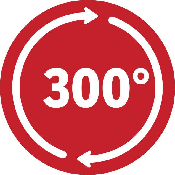 Roter Kreis mit einer weißen Zahl '300°', umgeben von einem weißen Pfeil, der eine Rechtsrotation um den Kreis anzeigt.