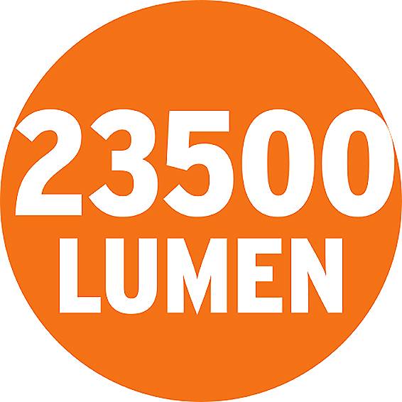 '23500 Lumen' in weißer Schrift auf einem orangefarbenen Kreis.