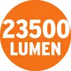 '23500 Lumen' in weißer Schrift auf einem orangefarbenen Kreis.