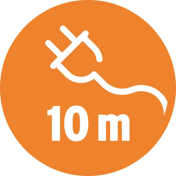 Ein orangefarbener Kreis mit einem weißen Stecker-Symbol und der Aufschrift '10 m', was eine Kabellänge von 10 Metern anzeigt.