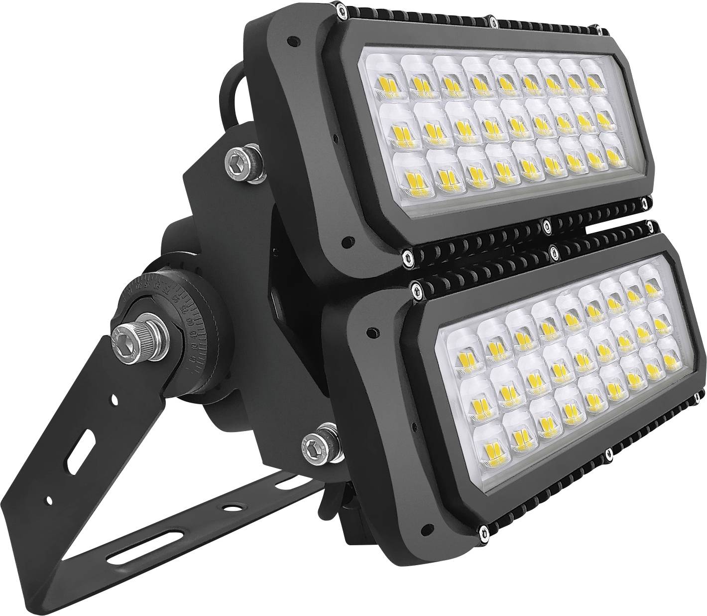 Zwei rechteckige LED-Scheinwerfer mit mehreren gelben Dioden, in einem schwarzen Gehäuse montiert.