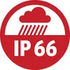 Rotes Symbol mit einer Wolke und Regen über 'IP 66'. Dies steht für Schutz gegen starkes Strahlwasser und Staubeindringen.